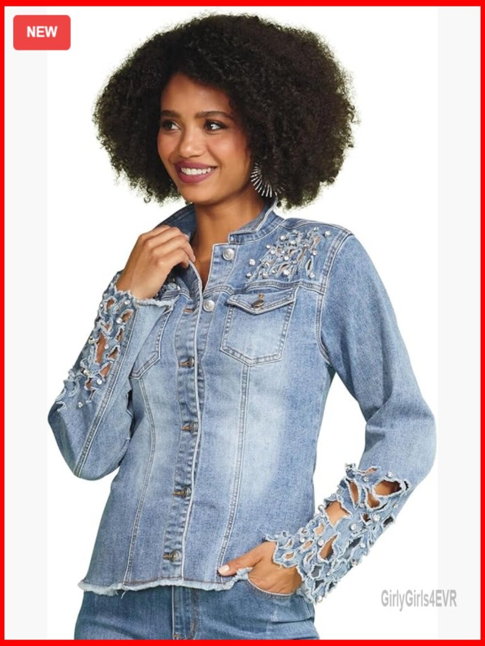 Rhinestone Cutout Denim Jacket, Mid-Weight Stretch, Tailored Fit